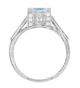 Art Deco 1 Carat Princess Cut Aquamarine and Diamond Engagement Ring in 18 Karat White Gold