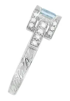 Art Deco 1 Carat Princess Cut Aquamarine and Diamond Engagement Ring in 18 Karat White Gold