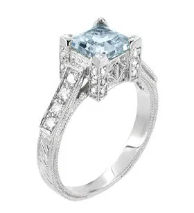Art Deco 1 Carat Princess Cut Aquamarine and Diamond Engagement Ring in 18 Karat White Gold