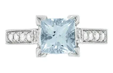 Art Deco 1 Carat Princess Cut Aquamarine and Diamond Engagement Ring in 18 Karat White Gold