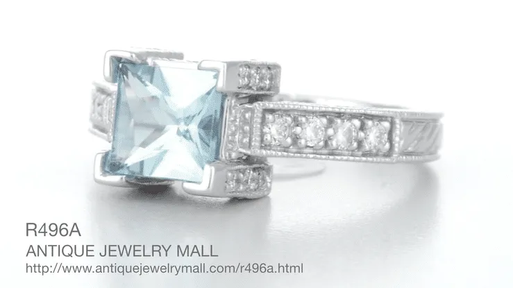 Art Deco 1 Carat Princess Cut Aquamarine and Diamond Engagement Ring in 18 Karat White Gold