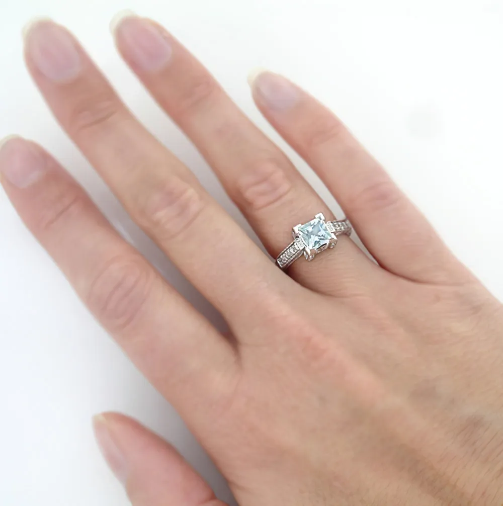 Art Deco 1 Carat Princess Cut Aquamarine and Diamond Engagement Ring in 18 Karat White Gold