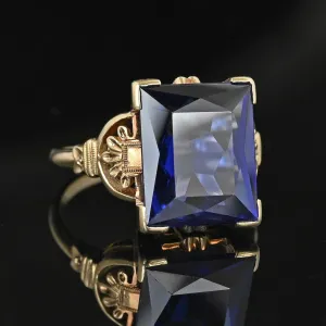 Art Deco 10K Gold Floral Detailed Blue Sapphire Ring