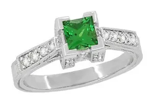 Art Deco 1/2 Carat Princess Cut Tsavorite Garnet and Diamond Engagement Ring in Platinum