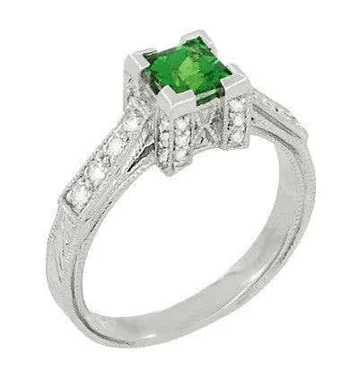 Art Deco 1/2 Carat Princess Cut Tsavorite Garnet and Diamond Engagement Ring in Platinum