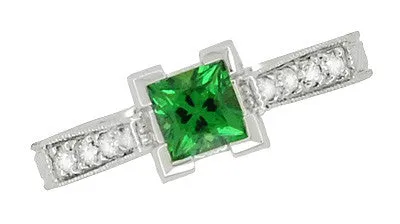 Art Deco 1/2 Carat Princess Cut Tsavorite Garnet and Diamond Engagement Ring in Platinum