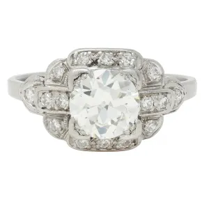 Art Deco 1.21 CTW Old European Cut Diamond Platinum Stepped Buckle Vintage Engagement Ring
