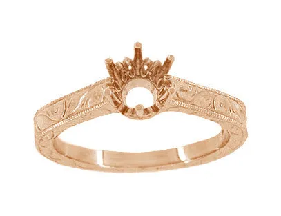 Art Deco 1/4 Carat Crown Filigree Scrolls Engagement Ring Setting in 14 Karat Rose Gold