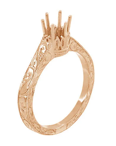 Art Deco 1/4 Carat Crown Filigree Scrolls Engagement Ring Setting in 14 Karat Rose Gold