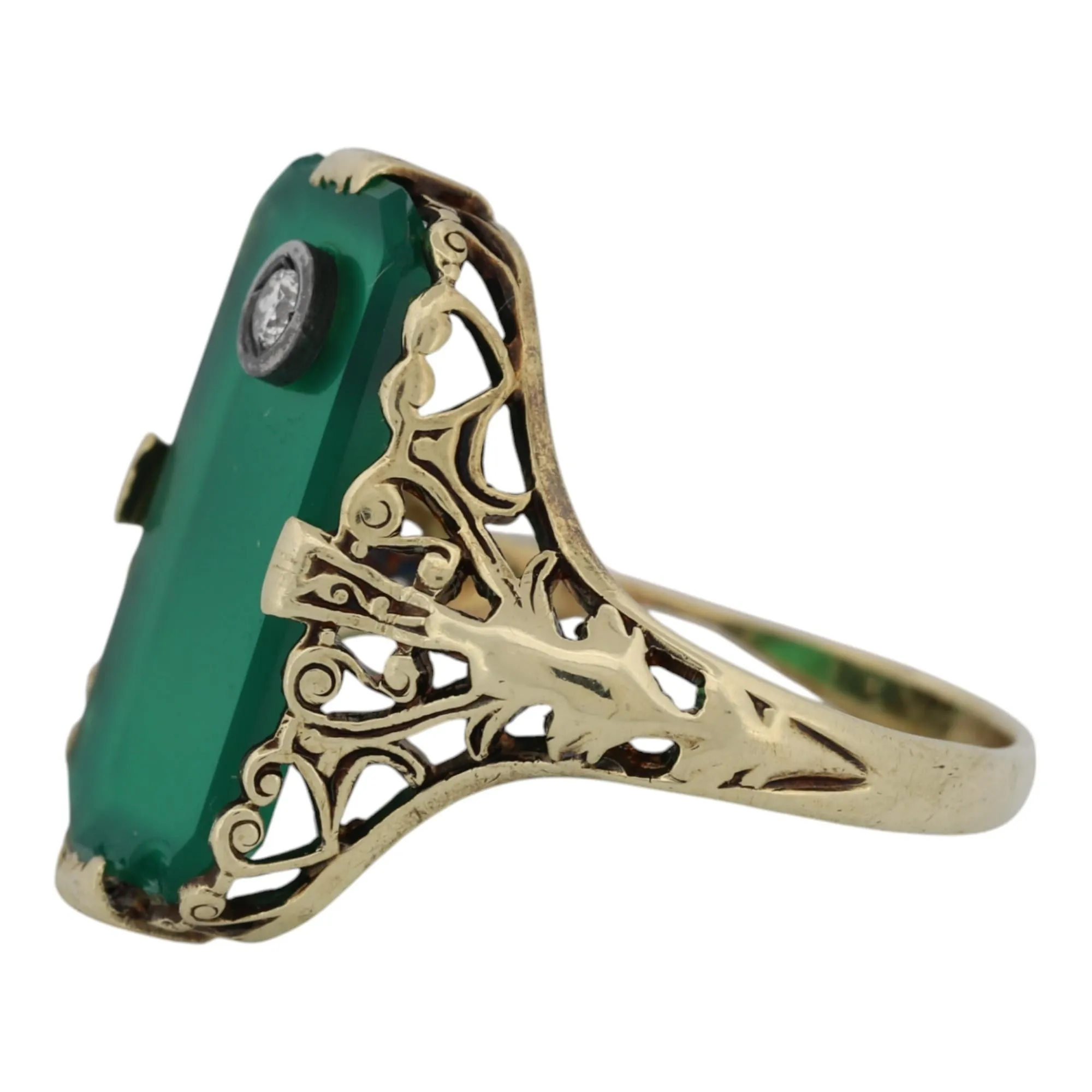 Art Deco 14k Gold Chrysoprase & Diamond Filigree Ring – Size 6, Vintage