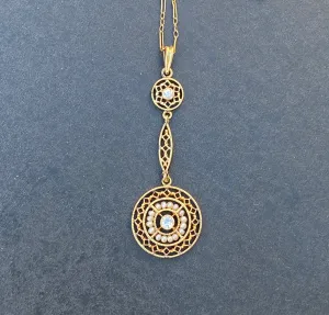 Art Deco 14K Gold Diamond and Pearl Filigree Lavalier Necklace