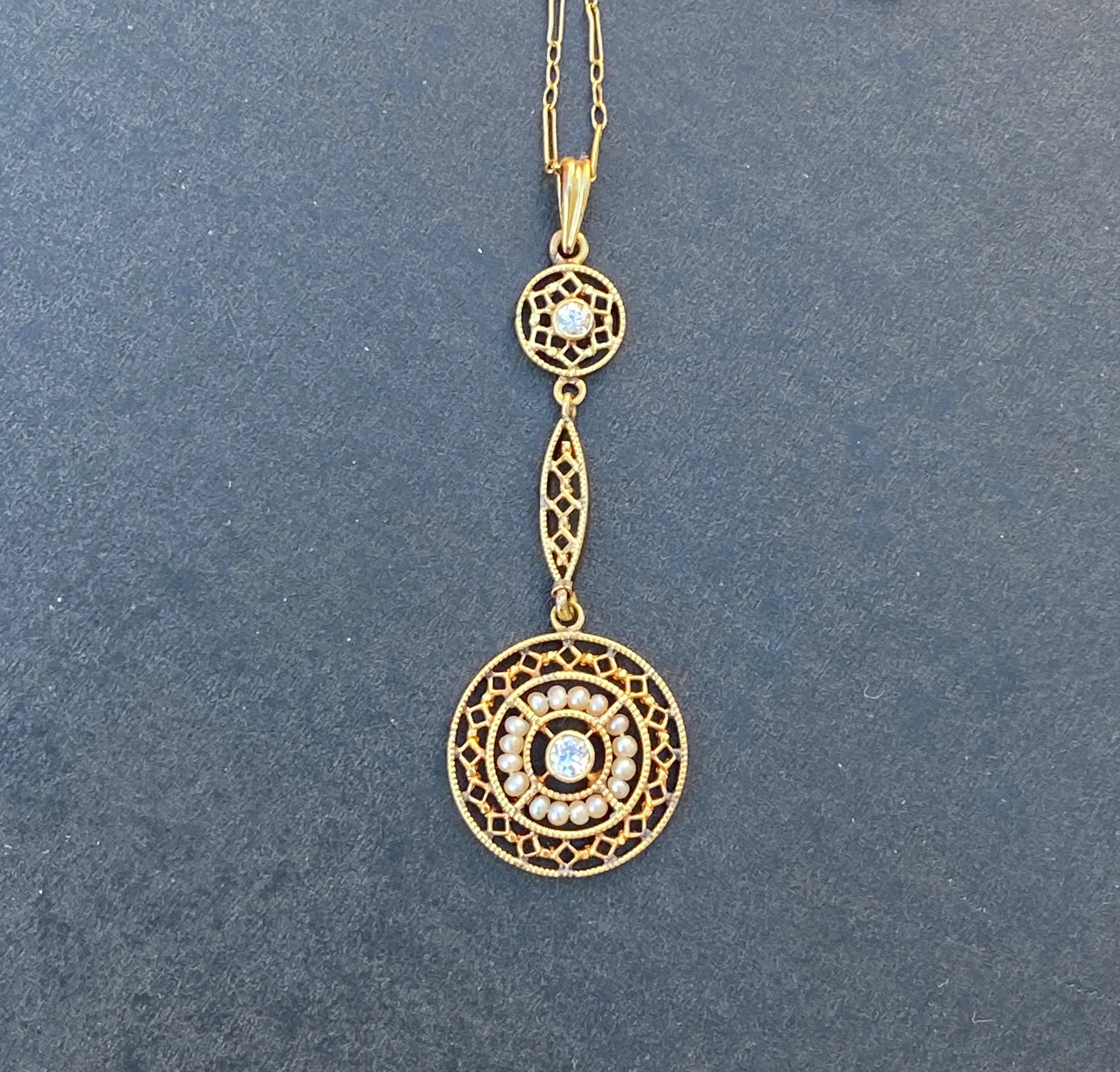 Art Deco 14K Gold Diamond and Pearl Filigree Lavalier Necklace