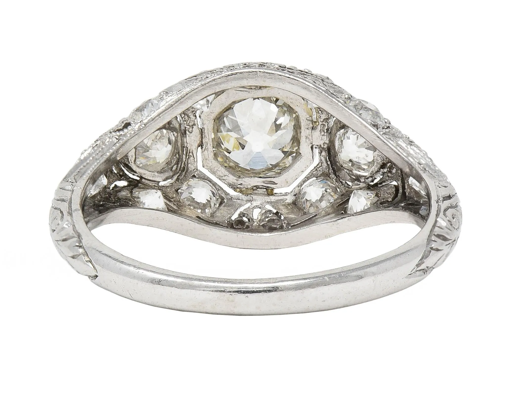 Art Deco 1.50 CTW Old European Cut Diamond Platinum Foliate Vintage Engagement Ring
