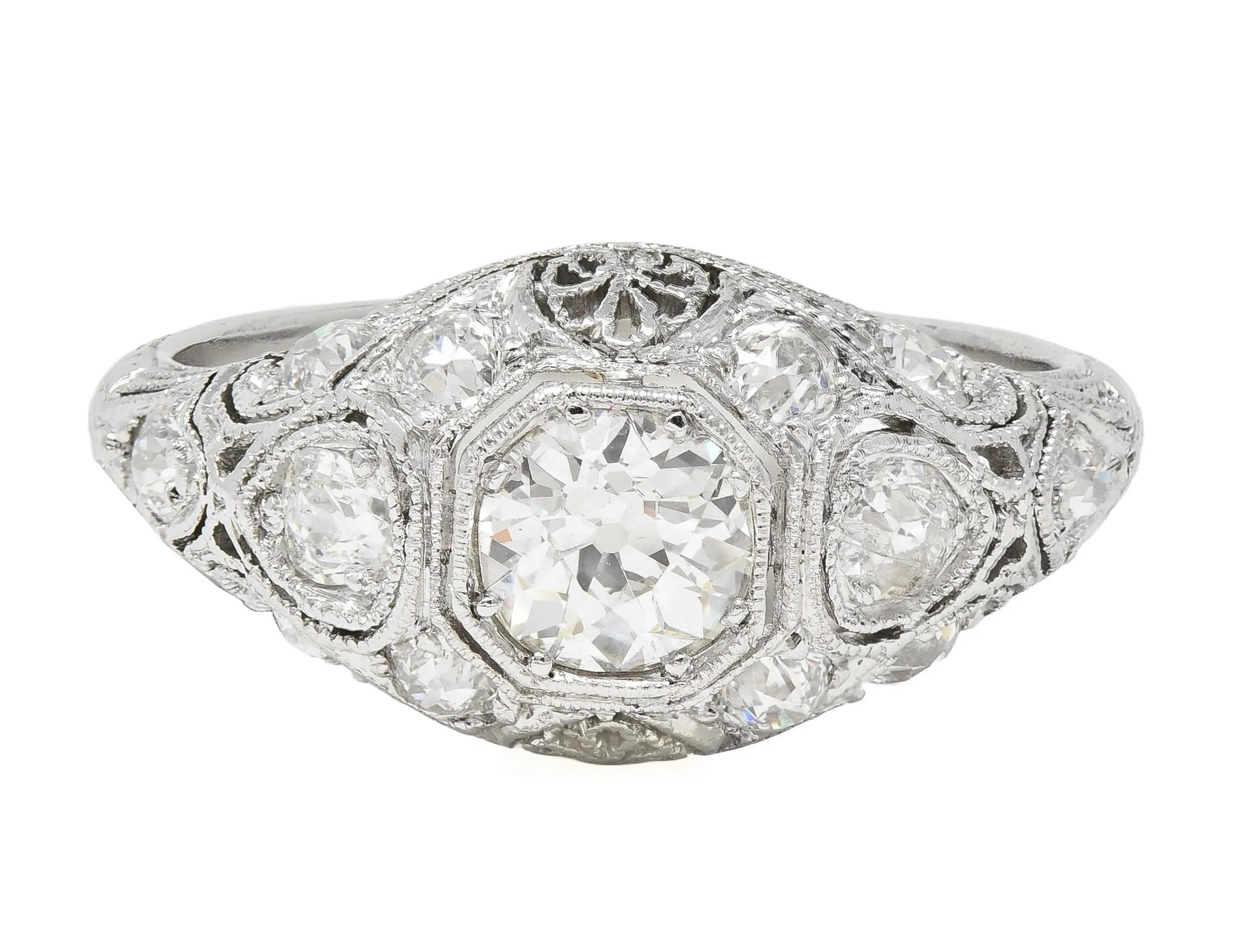 Art Deco 1.50 CTW Old European Cut Diamond Platinum Foliate Vintage Engagement Ring