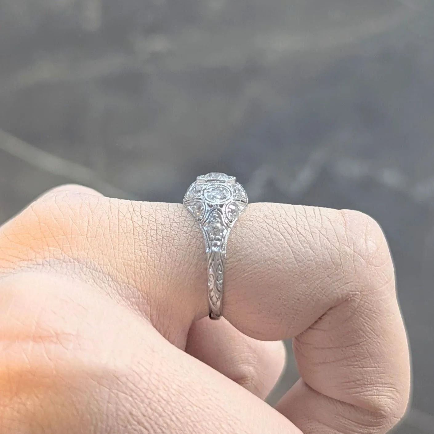 Art Deco 1.50 CTW Old European Cut Diamond Platinum Foliate Vintage Engagement Ring