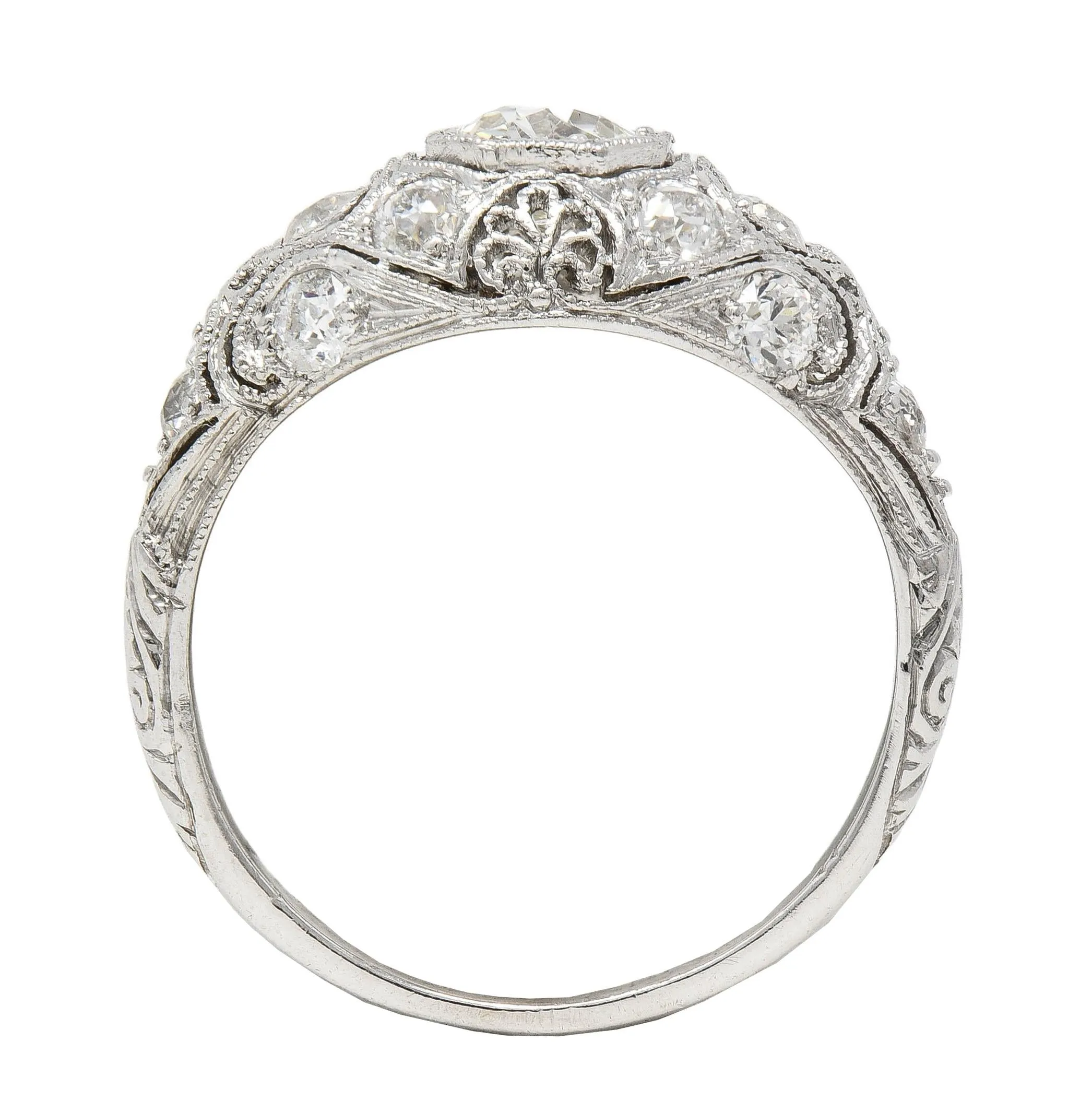 Art Deco 1.50 CTW Old European Cut Diamond Platinum Foliate Vintage Engagement Ring