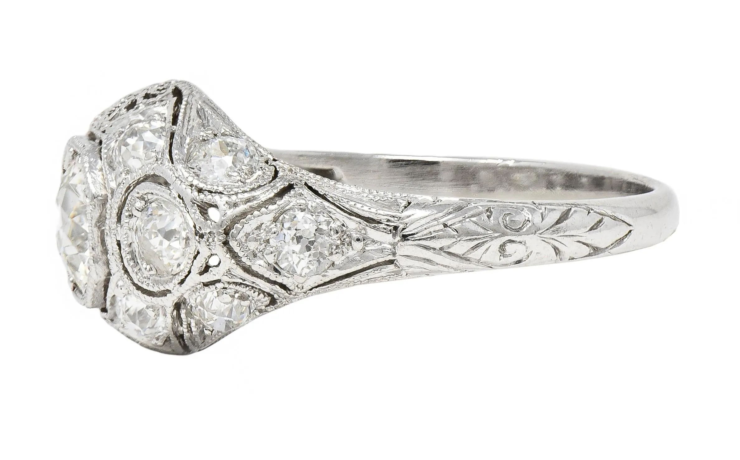 Art Deco 1.50 CTW Old European Cut Diamond Platinum Foliate Vintage Engagement Ring