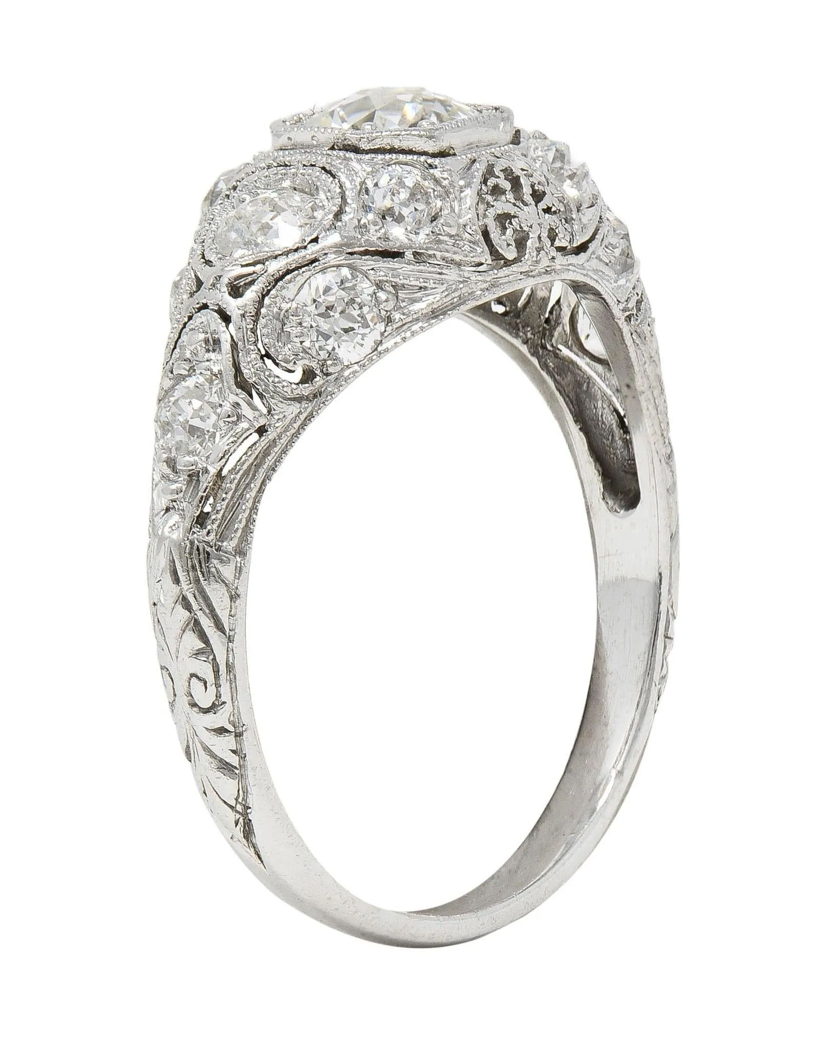 Art Deco 1.50 CTW Old European Cut Diamond Platinum Foliate Vintage Engagement Ring
