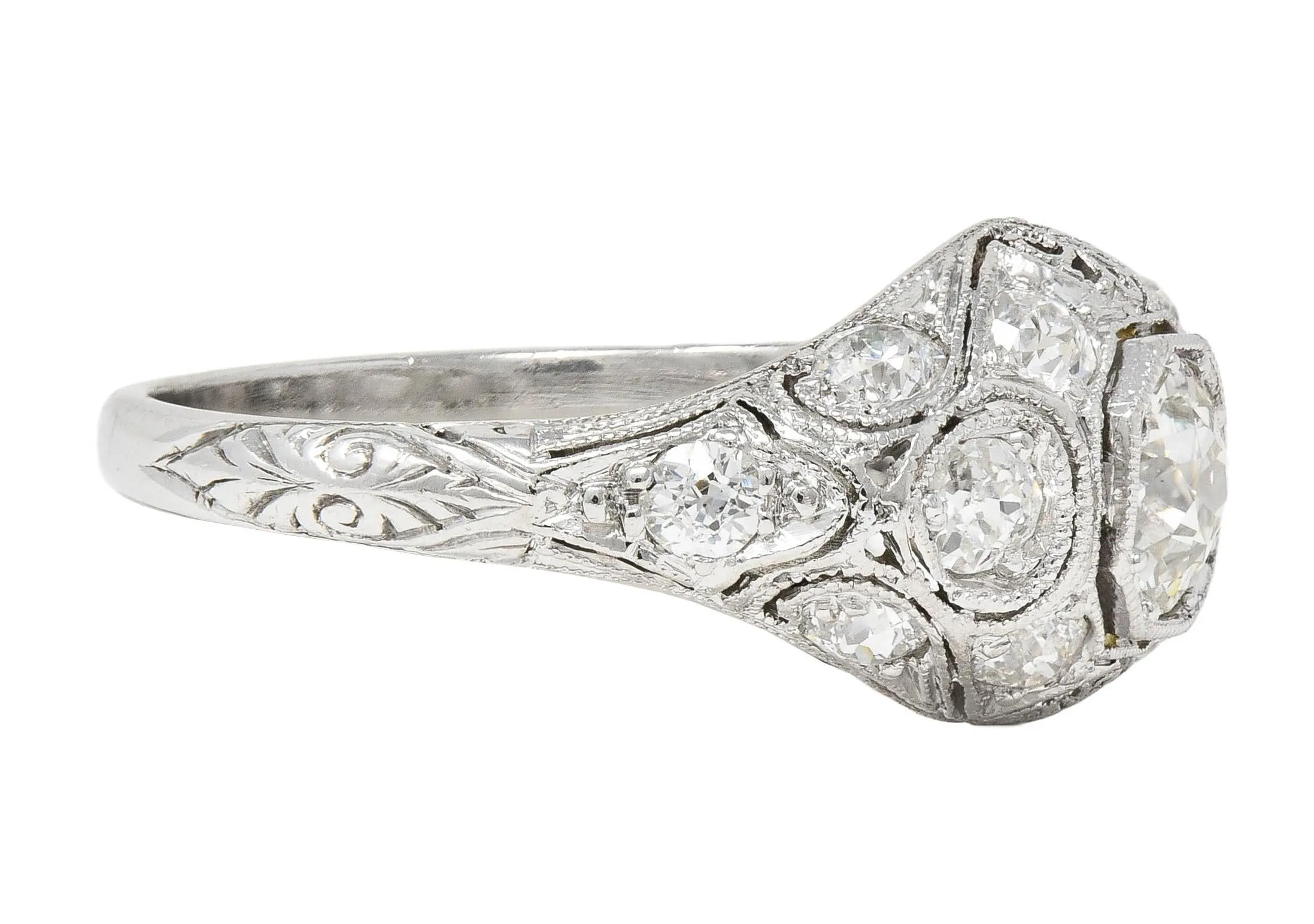 Art Deco 1.50 CTW Old European Cut Diamond Platinum Foliate Vintage Engagement Ring