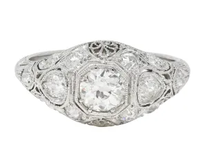 Art Deco 1.50 CTW Old European Cut Diamond Platinum Foliate Vintage Engagement Ring