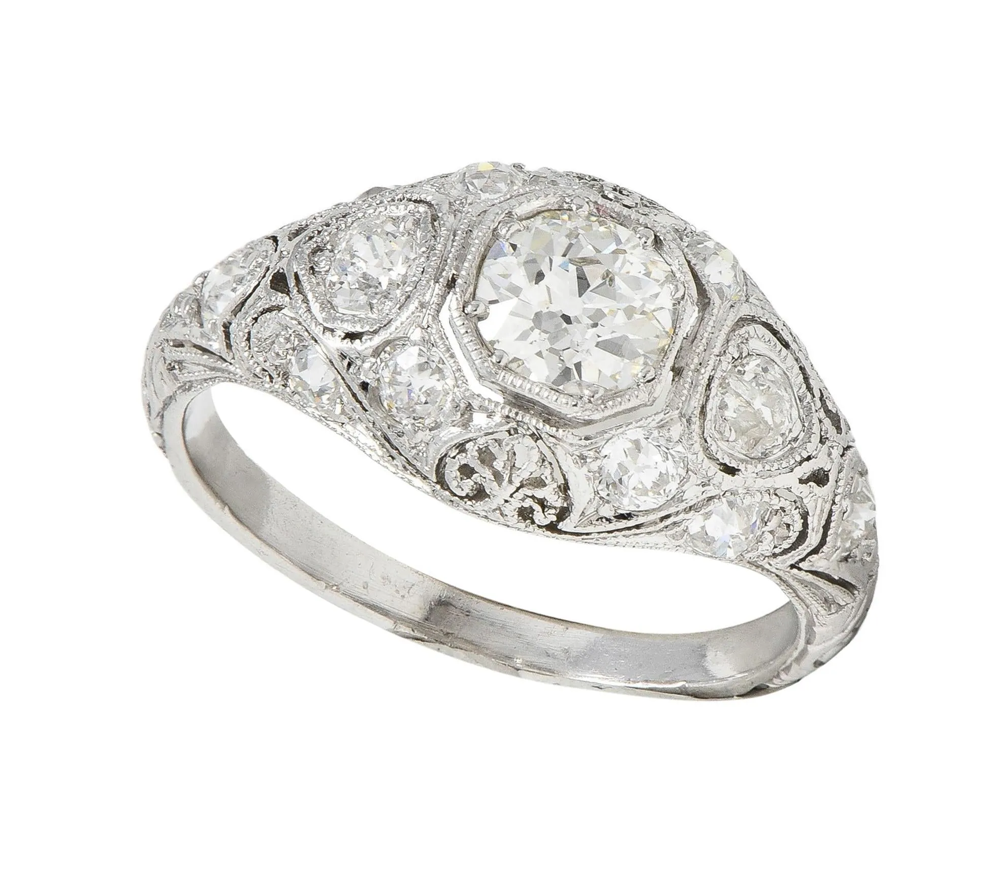 Art Deco 1.50 CTW Old European Cut Diamond Platinum Foliate Vintage Engagement Ring