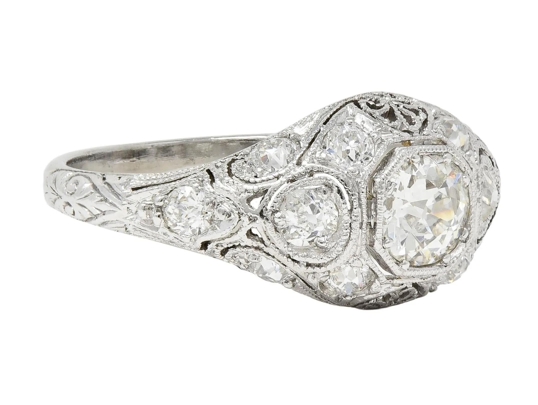 Art Deco 1.50 CTW Old European Cut Diamond Platinum Foliate Vintage Engagement Ring