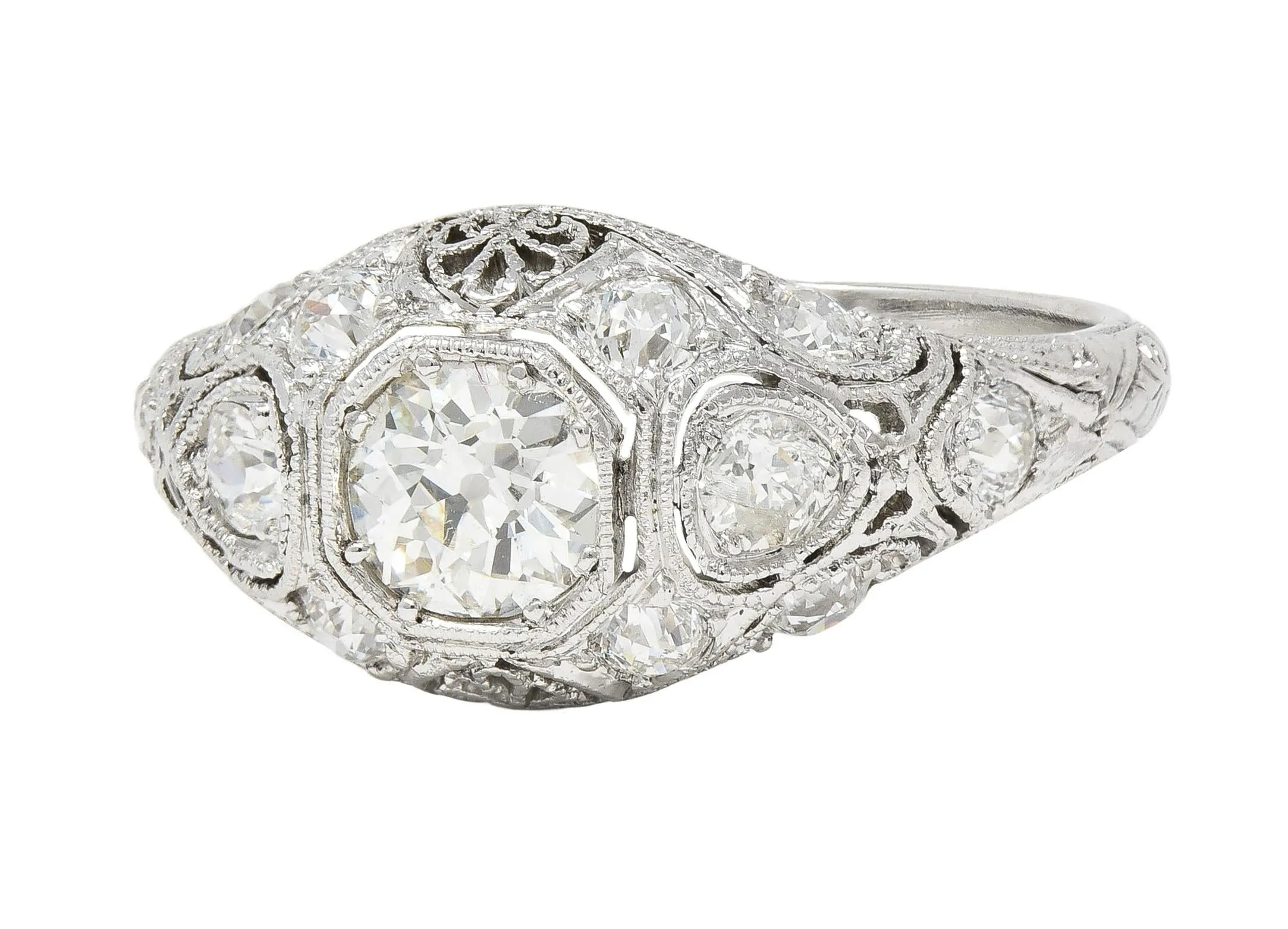 Art Deco 1.50 CTW Old European Cut Diamond Platinum Foliate Vintage Engagement Ring