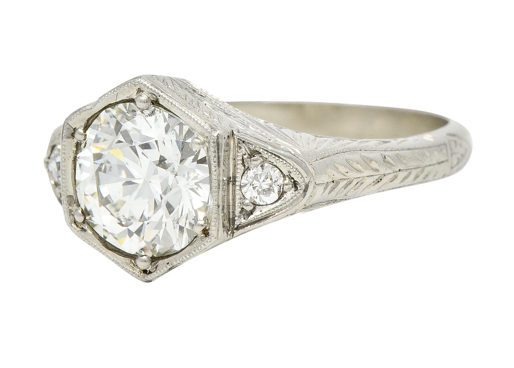 Art Deco 1.60 CTW Old European Cut Diamond 14 Karat White Gold Wheat Hexagonal Engagement Ring