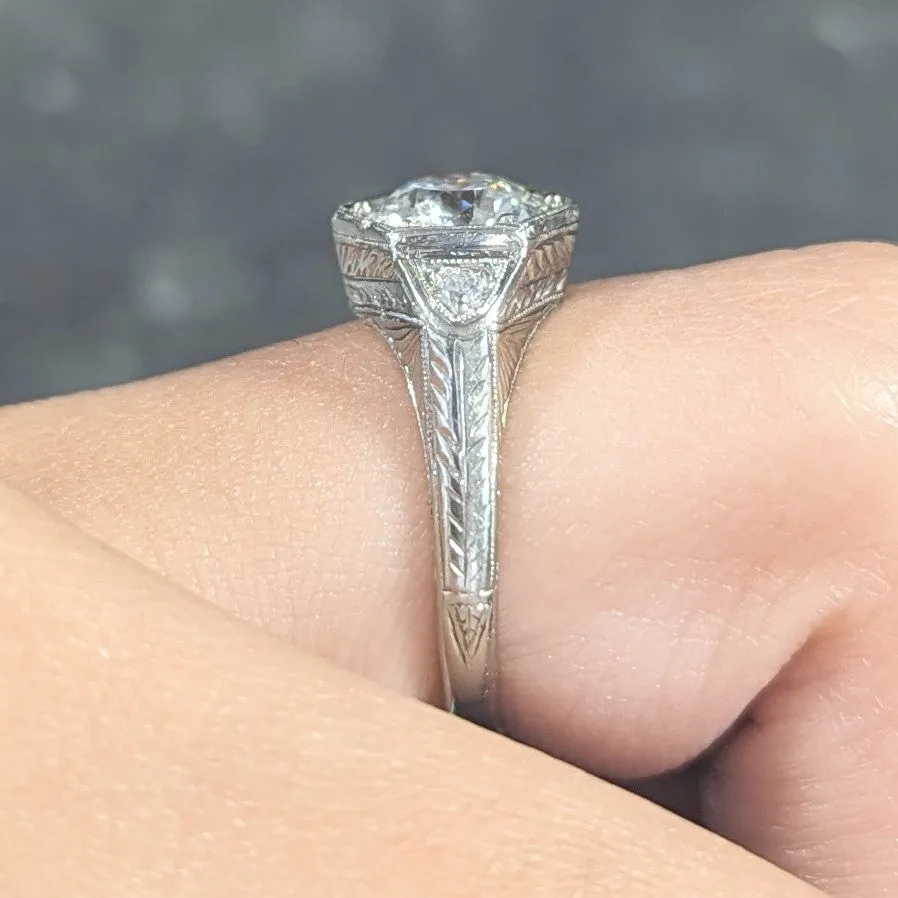 Art Deco 1.60 CTW Old European Cut Diamond 14 Karat White Gold Wheat Hexagonal Engagement Ring