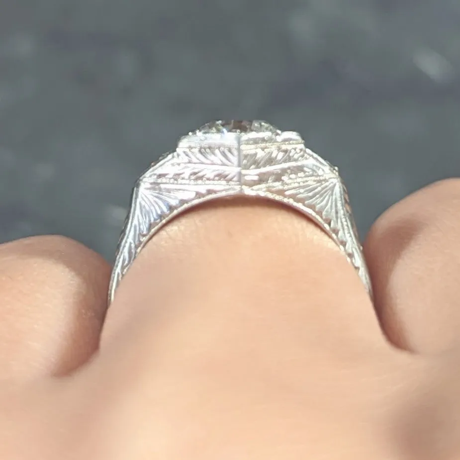 Art Deco 1.60 CTW Old European Cut Diamond 14 Karat White Gold Wheat Hexagonal Engagement Ring
