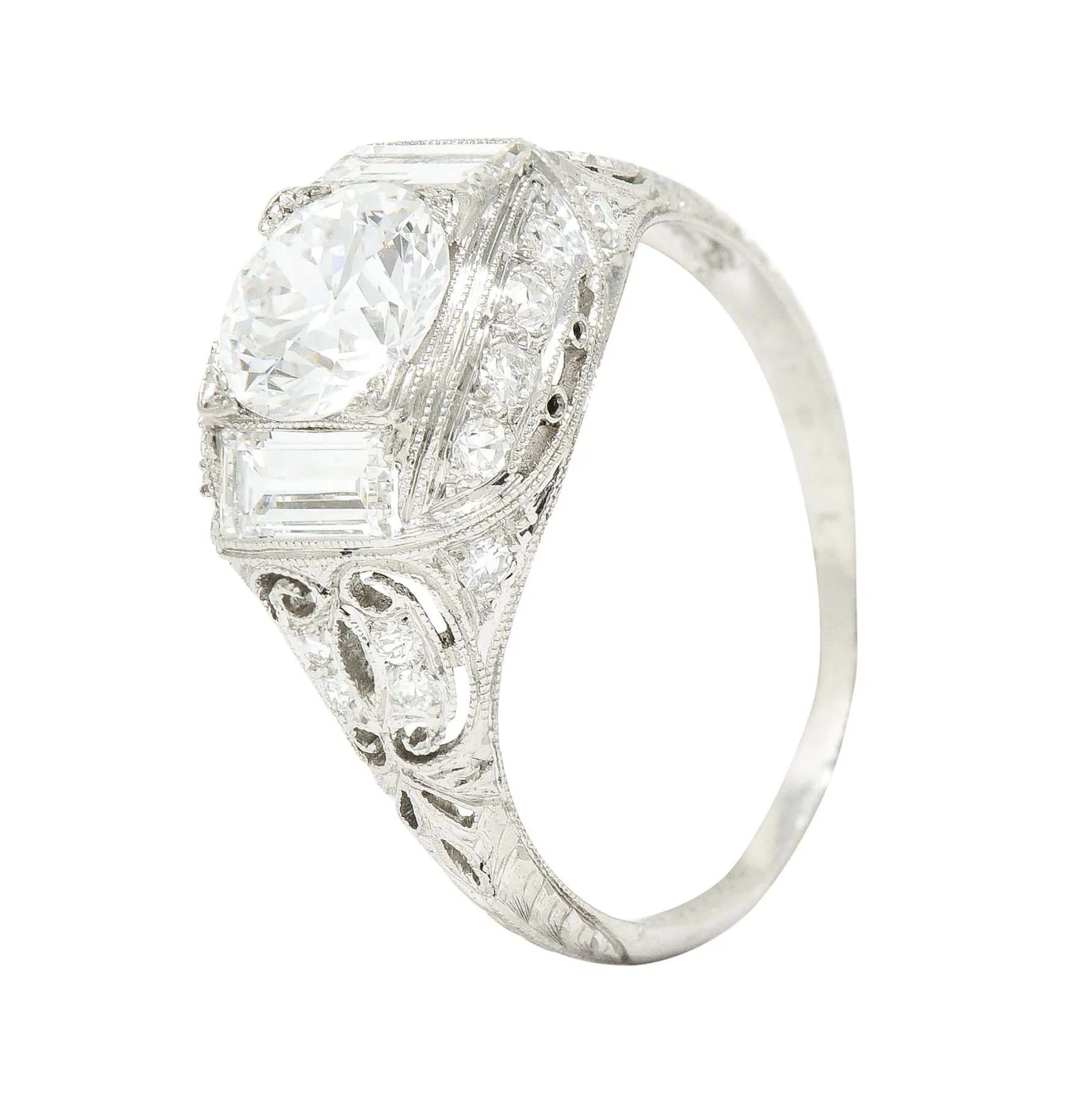 Art Deco 2.35 CTW Old European Cut Diamond Platinum Milgrain Bombay Engagement Ring