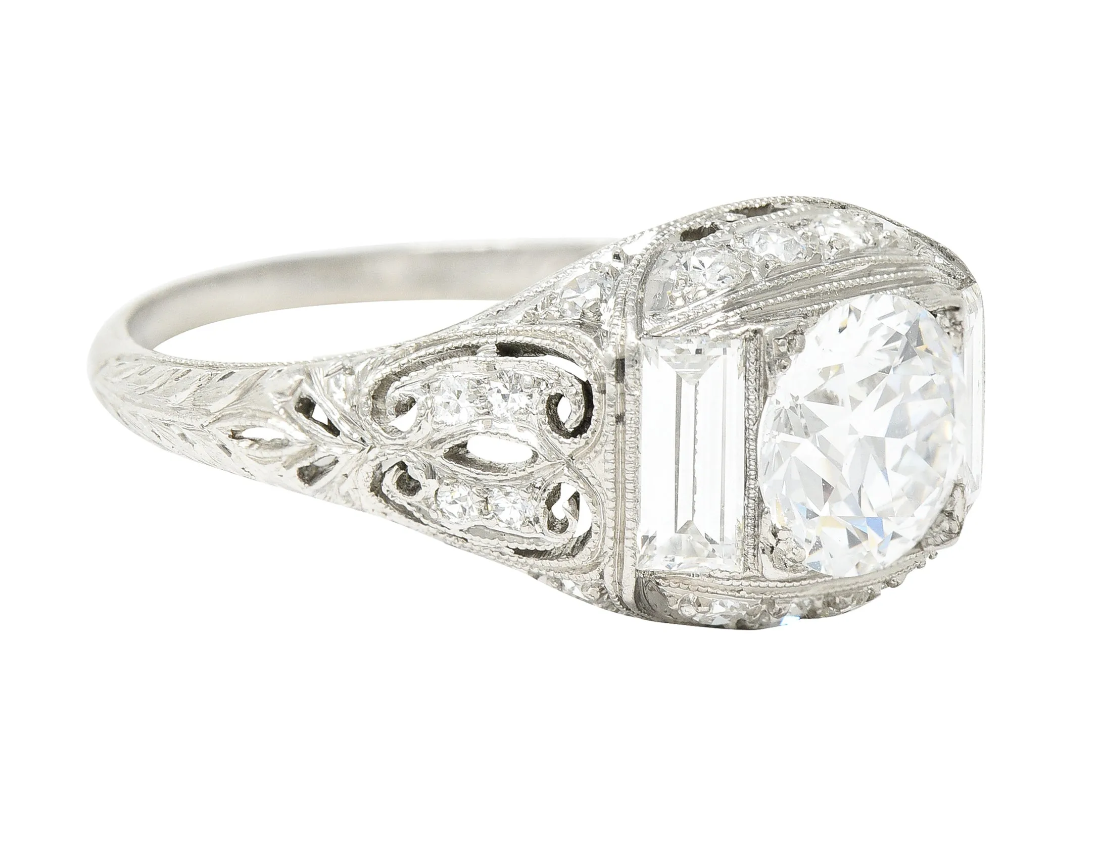 Art Deco 2.35 CTW Old European Cut Diamond Platinum Milgrain Bombay Engagement Ring