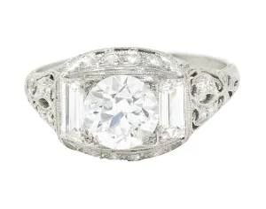 Art Deco 2.35 CTW Old European Cut Diamond Platinum Milgrain Bombay Engagement Ring