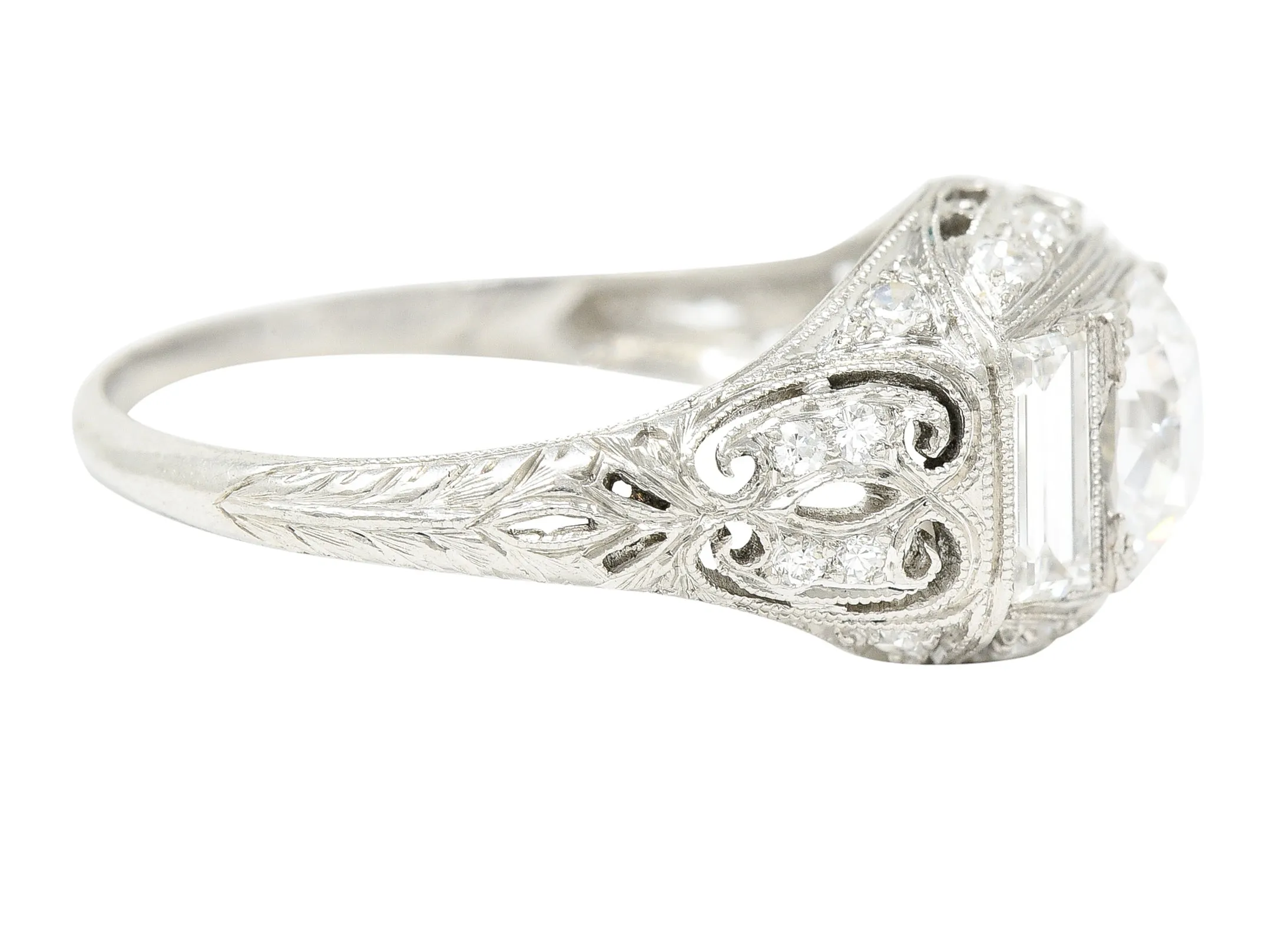 Art Deco 2.35 CTW Old European Cut Diamond Platinum Milgrain Bombay Engagement Ring