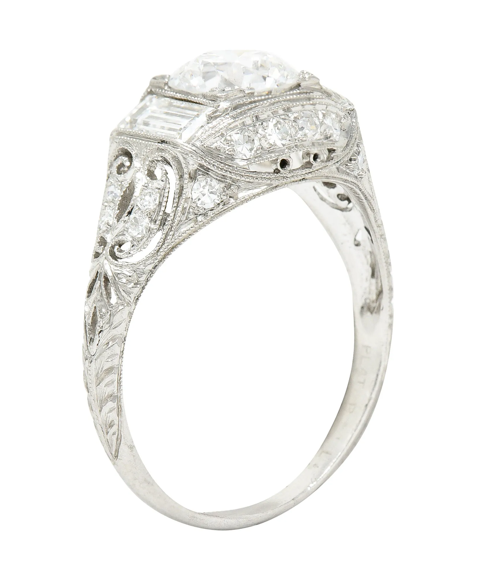 Art Deco 2.35 CTW Old European Cut Diamond Platinum Milgrain Bombay Engagement Ring