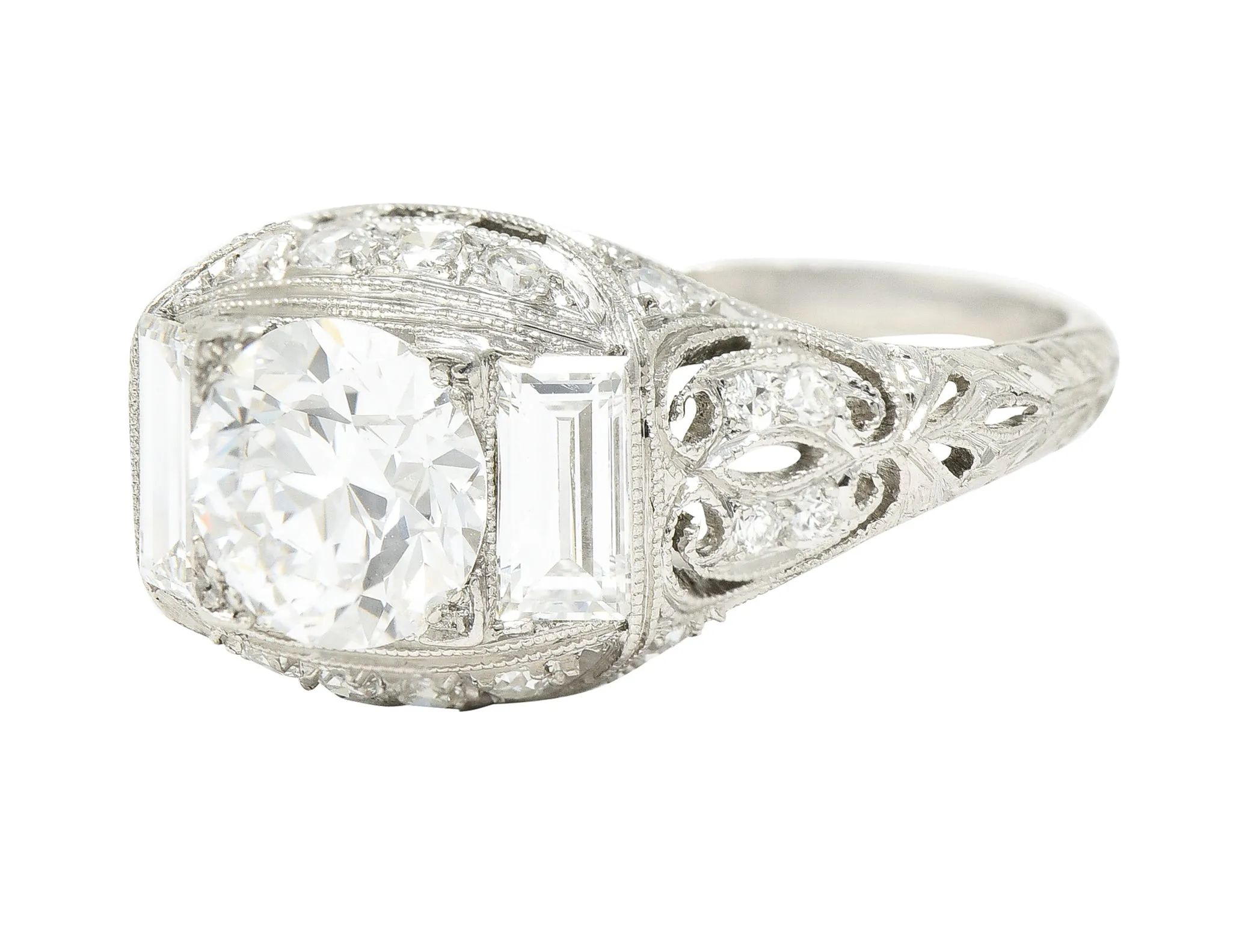 Art Deco 2.35 CTW Old European Cut Diamond Platinum Milgrain Bombay Engagement Ring