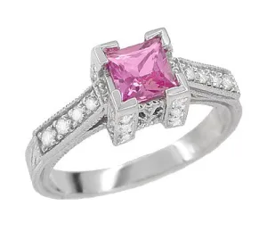 Art Deco 3/4 Carat Princess Cut Pink Sapphire and Diamond Castle Engagement Ring in 18 Karat White Gold