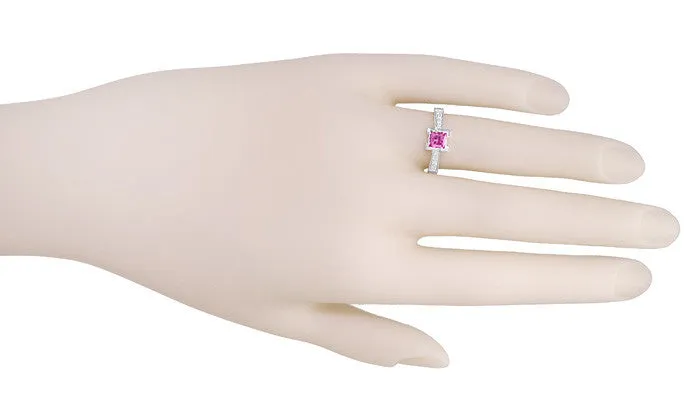 Art Deco 3/4 Carat Princess Cut Pink Sapphire and Diamond Castle Engagement Ring in 18 Karat White Gold
