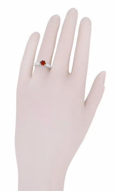 Art Deco Almandine Garnet and Diamond Filigree Artisan Engagement Ring in 14 Karat White Gold