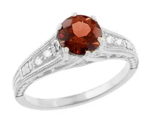 Art Deco Almandine Garnet and Diamond Filigree Artisan Engagement Ring in 14 Karat White Gold