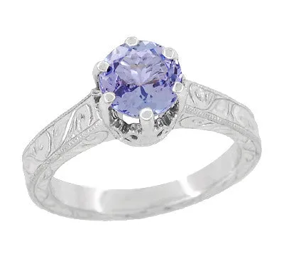 Art Deco Carved Filigree Scrolls Crown Tanzanite Solitaire Engagement Ring in 18 Karat White Gold