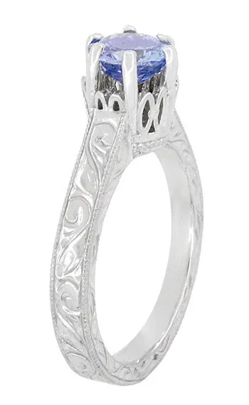 Art Deco Carved Filigree Scrolls Crown Tanzanite Solitaire Engagement Ring in 18 Karat White Gold