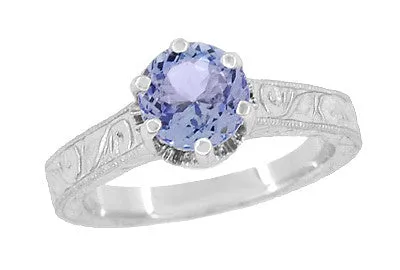 Art Deco Carved Filigree Scrolls Crown Tanzanite Solitaire Engagement Ring in 18 Karat White Gold