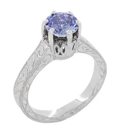 Art Deco Carved Filigree Scrolls Crown Tanzanite Solitaire Engagement Ring in 18 Karat White Gold
