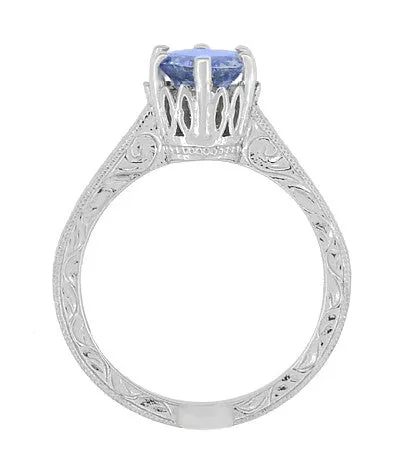 Art Deco Carved Filigree Scrolls Crown Tanzanite Solitaire Engagement Ring in 18 Karat White Gold
