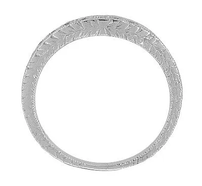Art Deco Curved Engraved Wheat White Sapphire Wedding Band in 14 Karat White Gold