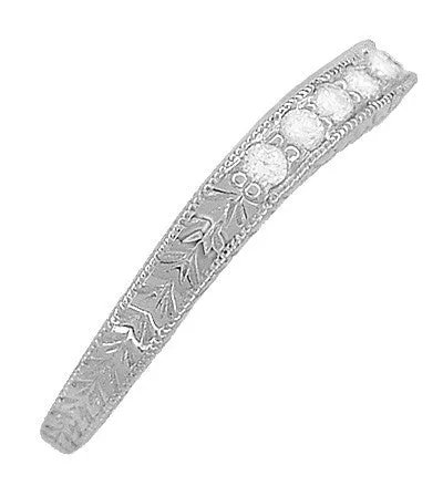 Art Deco Curved Engraved Wheat White Sapphire Wedding Band in 14 Karat White Gold