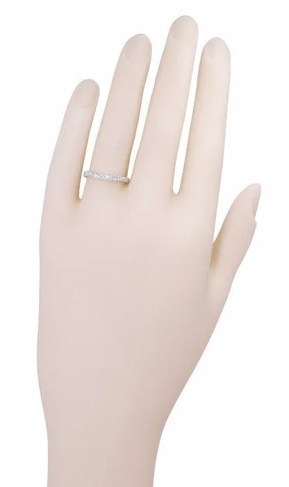Art Deco Curved Engraved Wheat White Sapphire Wedding Band in 14 Karat White Gold