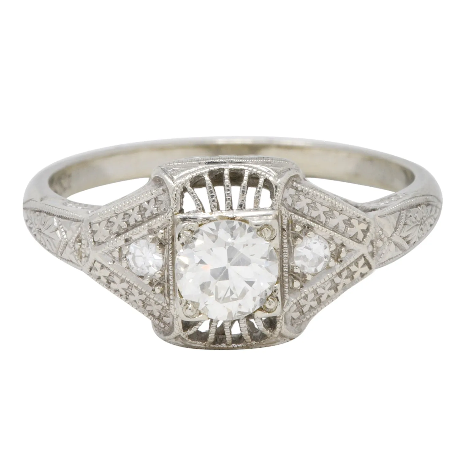 Art Deco Diamond 19 Karat White Gold Orange Blossom Vintage Engagement Ring