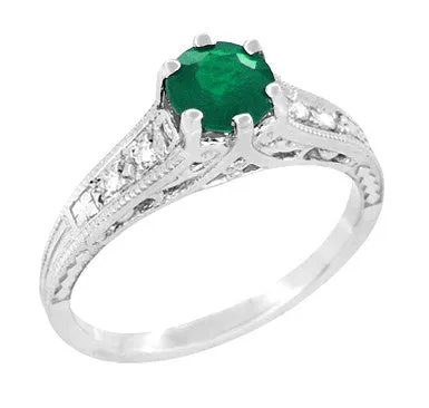 Art Deco Emerald and Diamond Filigree Engagement Ring in Platinum